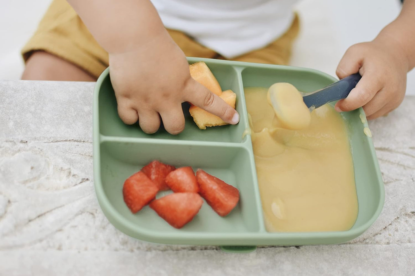 Beaba Silicone Suction Plates for Baby, Made with High Grade Food Safe Silicone, Toddler Dishes, Soft Unbreakable Baby Plates with Suction Bottom, Sage