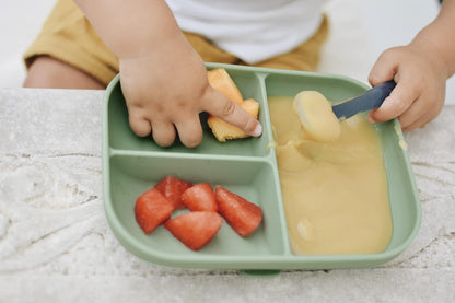 Beaba Silicone Suction Plates for Baby, Made with High Grade Food Safe Silicone, Toddler Dishes, Soft Unbreakable Baby Plates with Suction Bottom, Sage
