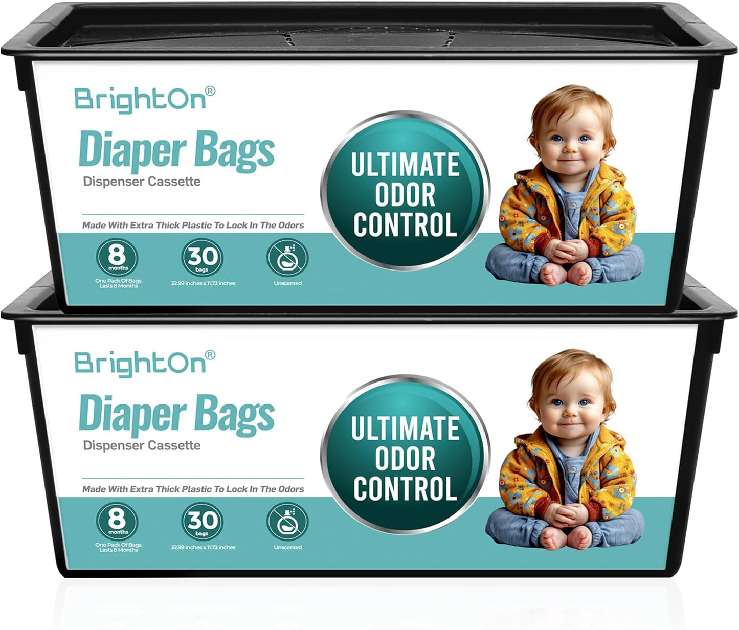 BrightOn® Diaper Pail Refill Bags, 30 Bags Per Refill, Compatible with Genie Easy Roll Signature Diaper Pails, Holds Up to 2820 Newborn Diapers, Real 7 Layer Odor Barrier, Unscented, 2PACK (60 Bags)