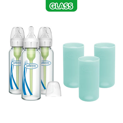 Dr. Brown's Anti-Colic Options+ Narrow Glass Baby Bottles 8 oz/250 mL, with Level 1 Slow Flow Nipple, 3 Pack 0m+ with Mint 100% Silicone Sleeves, BPA-Free