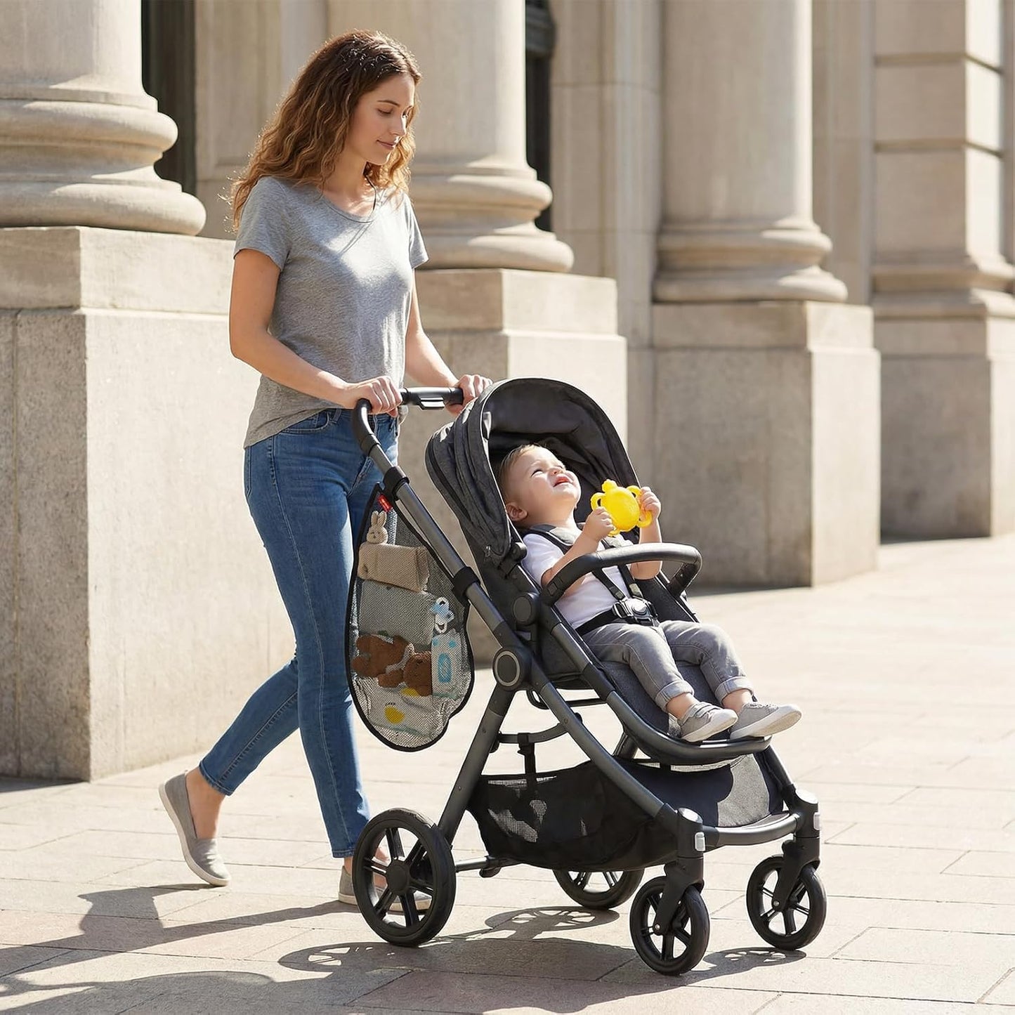 Universal Stroller Organizer Side Sling Polyester Net Mesh Bag in Black Fits for Nuna, Baby Jogger, Britax, Uppababy, Doona Strollers