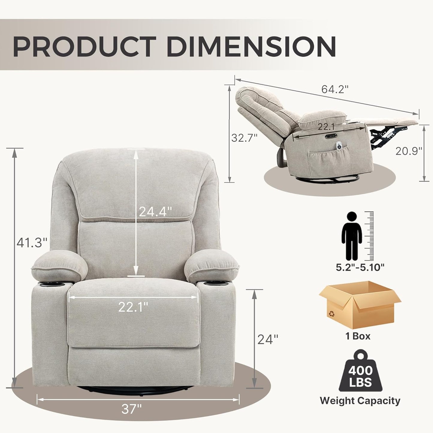 Recliner Chair Power Control, Nursery Reclining & Rocking Chair and Glider, Massage Swivel Living Room Furniture for Small Spaces, Bedroom, RVS, Lounge Sofa Chairs with USB & Type C Ports, Light Gray