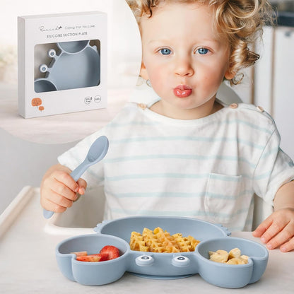 ROCCED Suction Plates for Baby, Silicone Plates with Suction Divided, Baby Spoon Fork Set for Toddler Baby Dishes Kids Utensils-Crab Dusty Blue