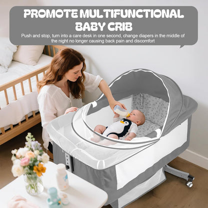 Baby Bedside Sleeper Bassinet with Changing Table, 39.4x23.6in, Portable, 6-Height Adjustable, 4-in-1 Iron Frame, Silent Wheels & Brakes, Breathable Mesh, Grey, for 0-24 Months