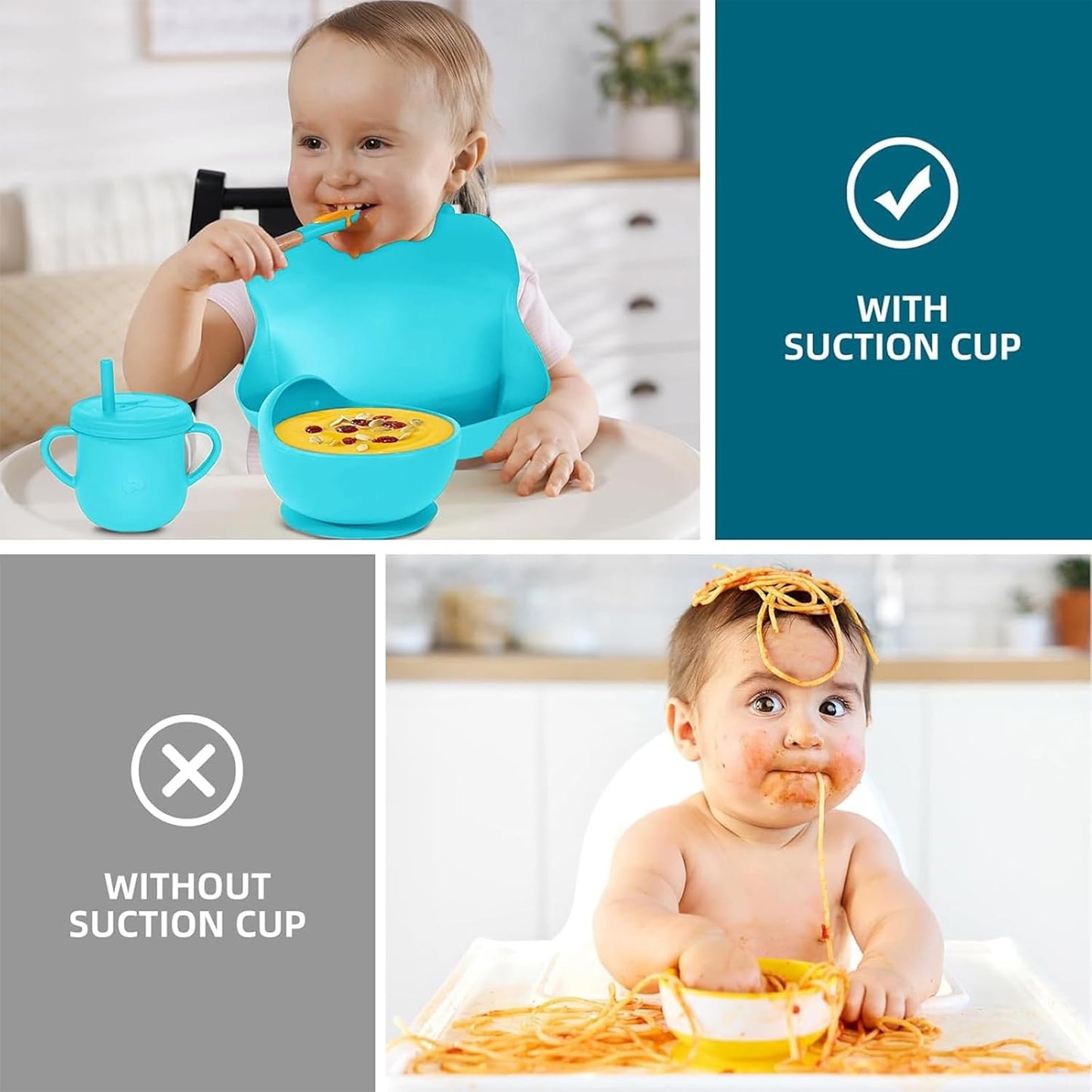 100% Silicone Baby Feeding Set, BPA Free Baby Dishes with Suction Bowl, Divided Plate, Toddler Self Feeding Dish Set with Spoons, Forks, Sippy Cup and Bib, Baby Eating Utensils (Navy Blue)