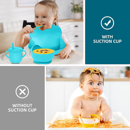 100% Silicone Baby Feeding Set, BPA Free Baby Dishes with Suction Bowl, Divided Plate, Toddler Self Feeding Dish Set with Spoons, Forks, Sippy Cup and Bib, Baby Eating Utensils (Navy Blue)