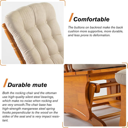 Glider Rocking Chair with Ottoman Set, Solid Wood Nursery Glider Rocker with Padded Cushion, High Back Upholstered Swivel Glider for Living Room, Nursing, Reading, 280LBS Weight Capacity,Oak+Khaki