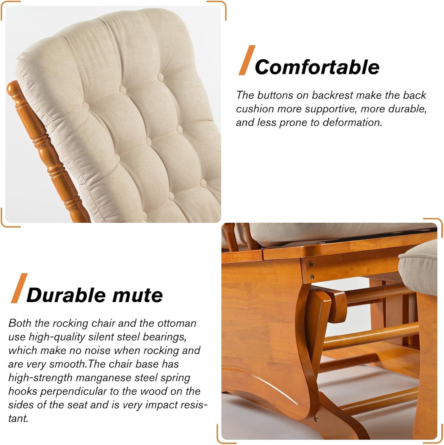 Rustic Rubber Wood Glider and Ottoman Set, Nursery Glider Chair for Breastfeeding and Relaxing, Comfortable Rocking Chair for Living Room and Bedroom（Tan）
