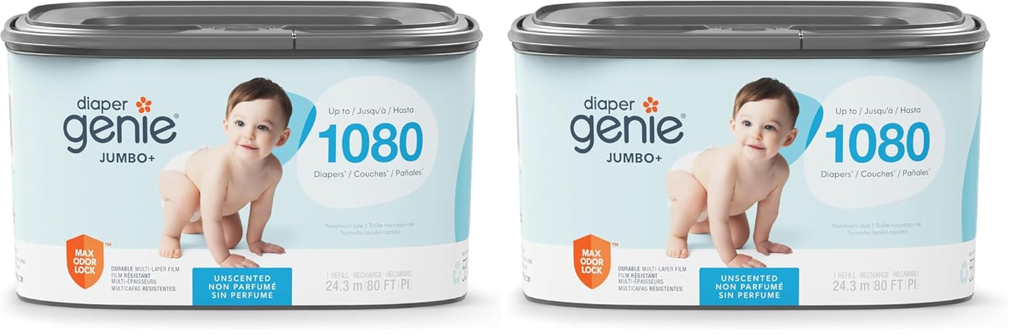 The Diaper Genie Jumbo+ Square Refill, with continuous film, can hold up to 1080 newborn-sized diapers per refill.