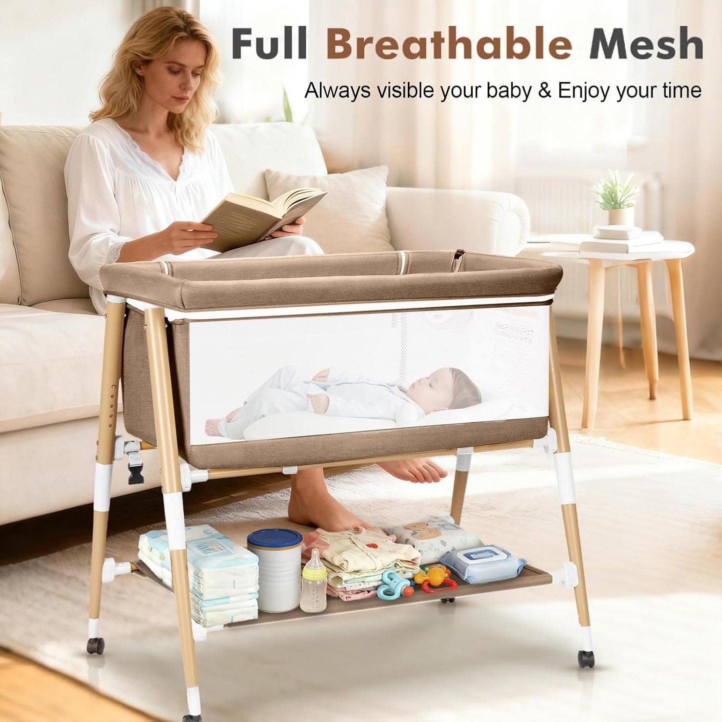 Baby Bassinet, 3 in 1 Bedside Bassinet Sleeper for Newborn, Portable Baby Crib with 4 Detachable Wheels & Adjustable Height, Breathable Mesh & Mattress, Mosquito Net& Storage Basket (Grey)