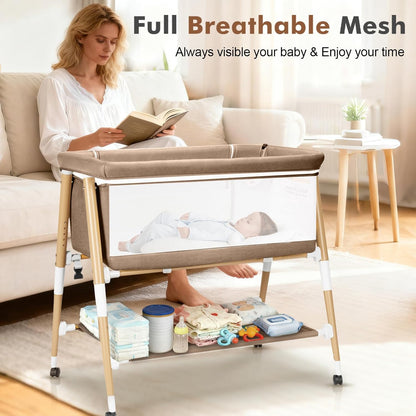 Baby Bassinet, 3 in 1 Bedside Bassinet Sleeper for Newborn, Portable Baby Crib with 4 Detachable Wheels & Adjustable Height, Breathable Mesh & Mattress, Mosquito Net& Storage Basket (Grey)