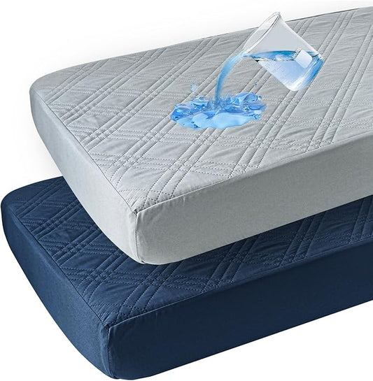 david's kids 2 Pack Waterproof Crib Mattress Protector, Fit Standard Crib and Toddler Mattresses, Ultra Soft and Breathable for Boys Girls Neutral, Grey & Navy Blue Checker