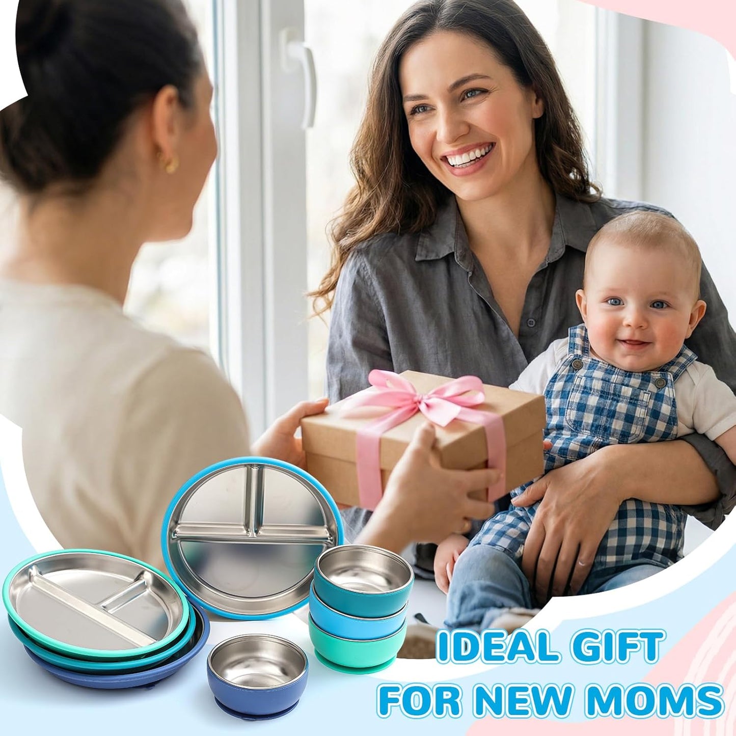 Havawish 8 Pcs Stainless Steel Baby Plate and Bowls with Suction, 8.3" Kid Divided Plate and 4" Toddler Bowl with Removable Silicone, BPA-free Non-slip Baby Feed Set Dishwasher Safe for Boy Girl(Pink)