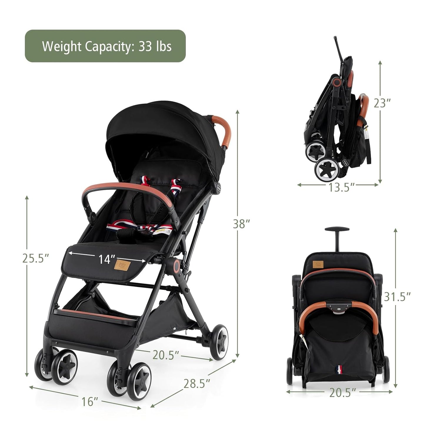 HOMGX Lightweight Baby Stroller, Compact Travel Stroller w/Ergonomic Seat, Spacious Basket, Adjustable Backrest, Oversized Canopy, Infant & Toddler Umbrella Stroller for Airplane, Travel (Black)