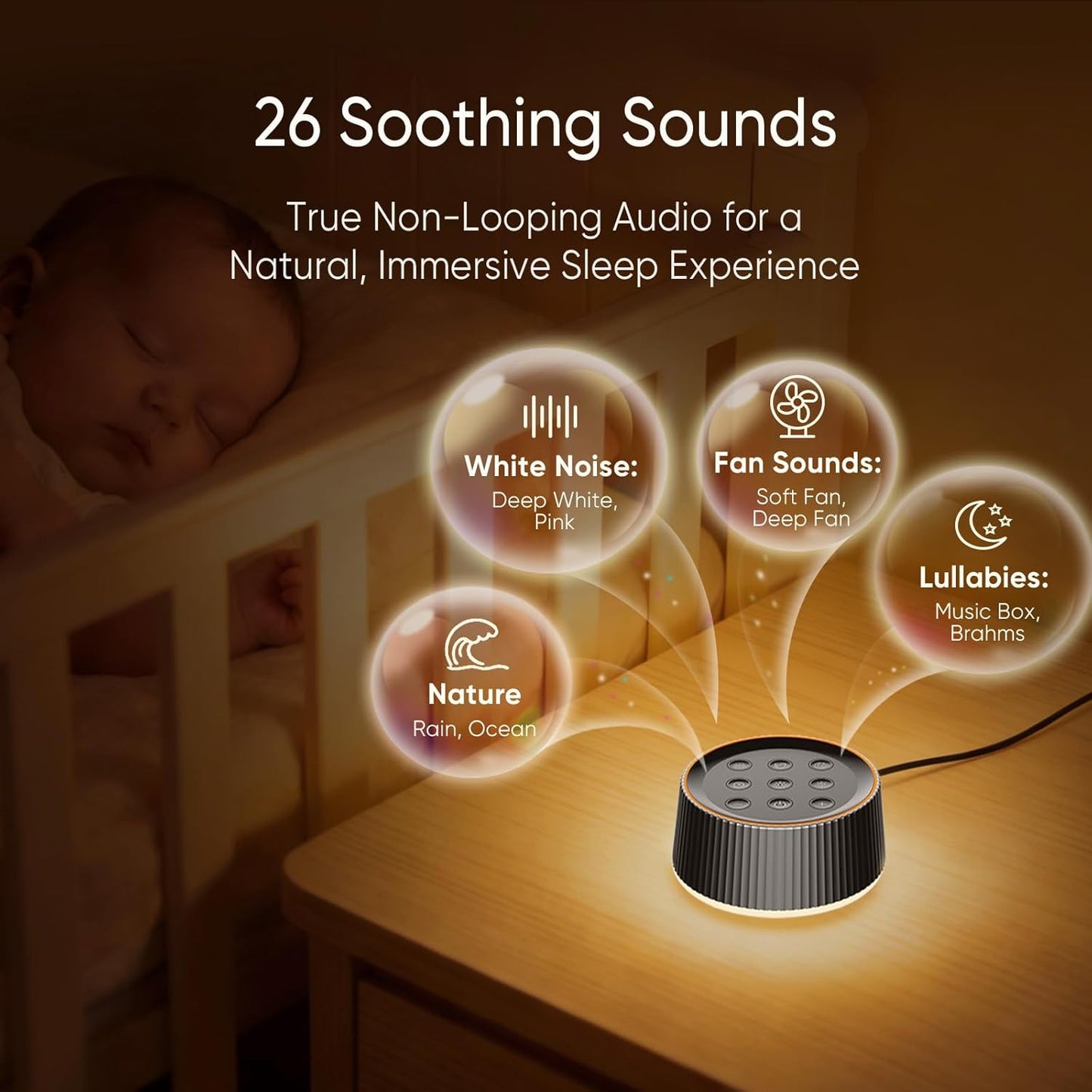 Noise Machine, White Noise Sound Machine for Baby & Adults, 26 Soothing Sounds, 8 Night Light Colors, Tap Control, 6 Timer Settings, Auto-Off & Memory, 4-7-8 Breathing, Sleep Soother for Home
