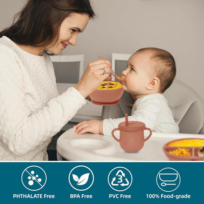100% Silicone Baby Feeding Set, BPA Free Baby Dishes with Suction Bowl, Divided Plate, Toddler Self Feeding Dish Set with Spoons, Forks, Sippy Cup and Bib, Baby Eating Utensils (Navy Blue)