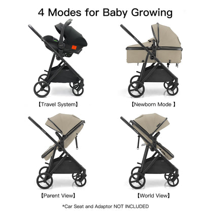 Gromast 3-in-1 Baby Stroller, Convertible Stroller for Newborn Infant Toddler with Reversible Seat, UPF 50+ Canopy & Cup Holder - Black