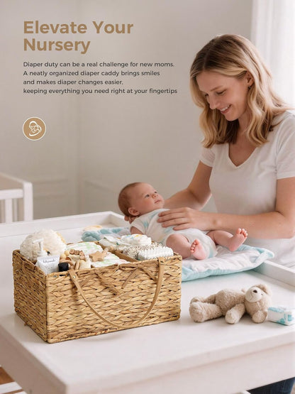 Diaper Caddy Organizer, Hand Rattan Nursery Storage Basket for Baby Essentials, Baby Changing Table Organizer Perfect Nursery Assistant, Easy Assemble (Natural Light, L)