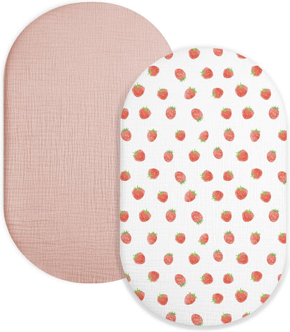 Muslin Bedside Bassinet Sheets 2 Pack, 33x20 Fitted Ultra Soft & Breathable Bedside Sleeper Sheets, Ideal for Baby Girl and Boy, Perfect for Newborns (Hopping Bunnies & Beige)