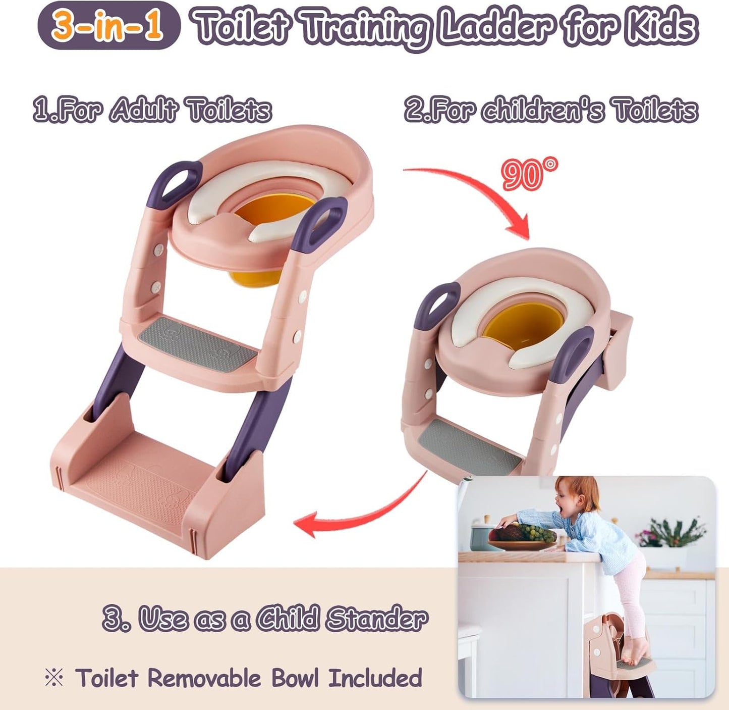 3 in 1 Toddler Potty Training Seat Chair with Ladder and Basin for Boys and Girls, Adjustable Kids Potty Training Seat for Toilet with Anti-Slip Wide Steps and Safety Handles (Green)