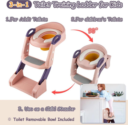 3 in 1 Toddler Potty Training Seat Chair with Ladder and Basin for Boys and Girls, Adjustable Kids Potty Training Seat for Toilet with Anti-Slip Wide Steps and Safety Handles (Green)