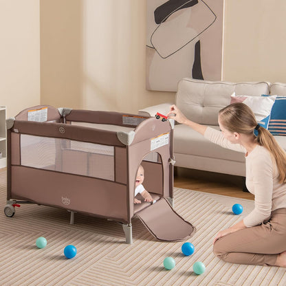 BABY JOY 5-in-1 Pack and Play, Portable Baby Bedside Sleeper with Bassinet, U-Shaped Diaper Changer, Safety Strap, Side Zipper Entrance, Hangings, Bedside Crib Playard from Newborn to Toddlers (Gray)