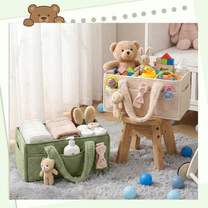 Shinylin 2 Pack Diaper Caddy Organizer Baby Caddy Organizer with Handle Nursery Storage Bin and Car Storage Basket for Diapers, Wipes, Newborn Necessities Baby Shower Gifts(Lily Green and Ivory)