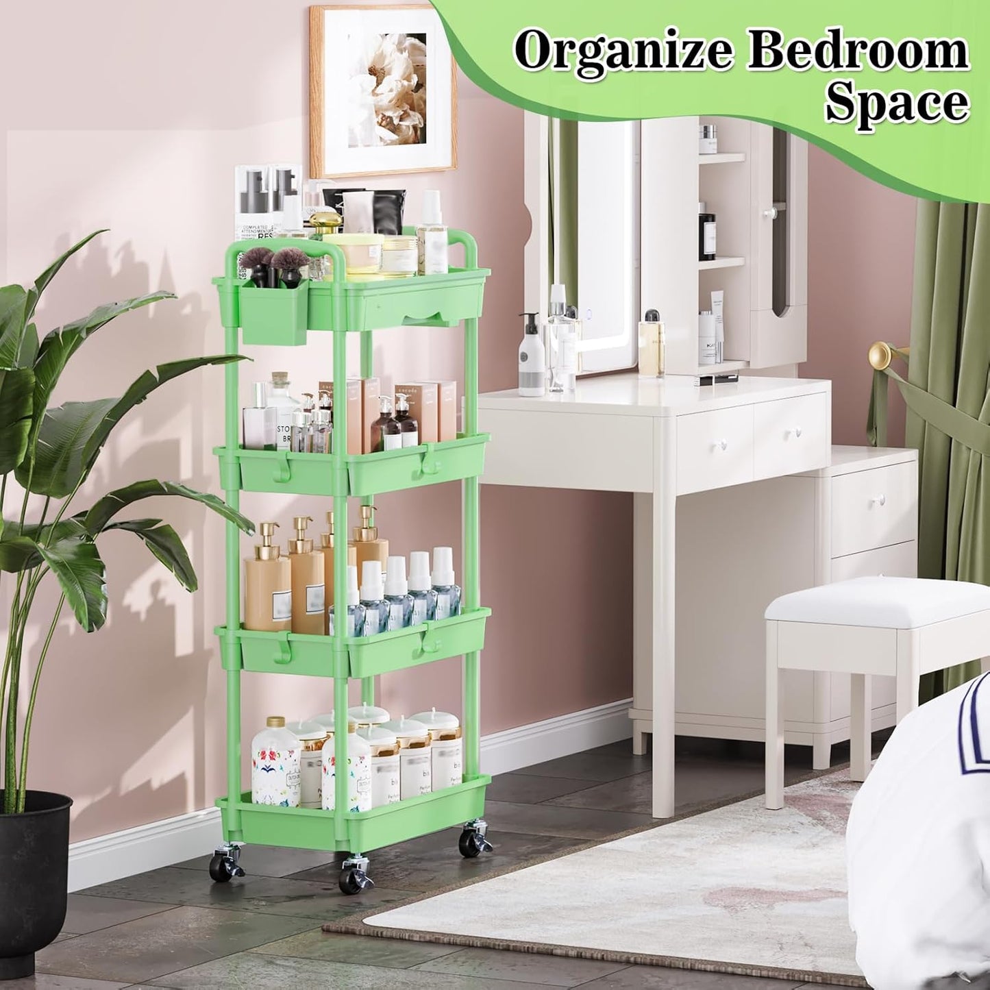 SUNALLY 3 Tier Rolling Cart with Drawer, Bathroom Storage Organizer with 2 Lockable Wheels, Multifunctional Rolling Storage Cart for Bathroom, Kitchen, Office, Craft, Makeup, Baby Essentials, White