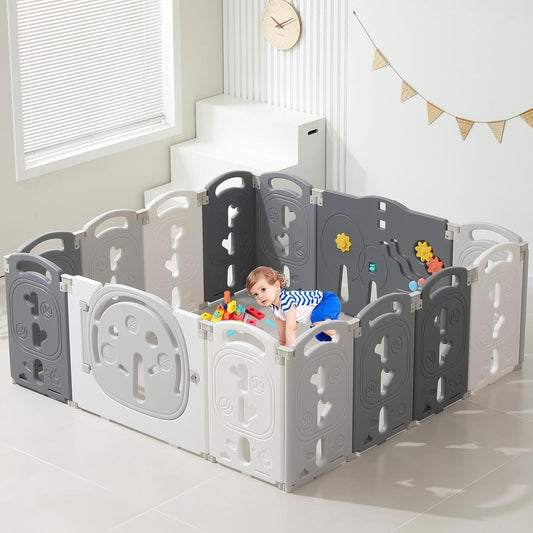 LulliSpace Baby Playpen,Foldable Playpen for Babies and Toddlers,Kids Activity Centre Safety Play Yard,Safety Gates for Indoor&Outdoor,Toddler Fence Play Area,Portable, Educational, 14 Panels
