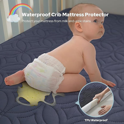 Waterproof Crib Mattress Protector 2 Pack, Soft and Breathable Crib Mattress Pad Cover, Noiseless Machine Washable Toddler Mattress Protector for Standard Baby Toddler Bed (52''x28'',Navy Blue)