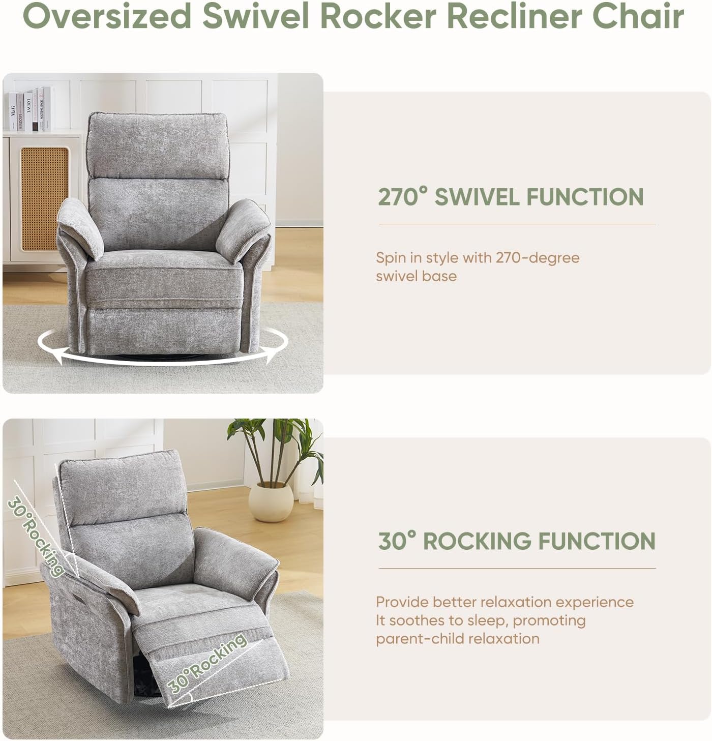 Oversized Glider Rocker Recliner, 26" Extra Wide 360° Swivel Nursery Recliner with Adjustable Headrest, Chenille Rocking Nursery Chair with Overstuffed Armrest, Lumbar Support, Light Grey
