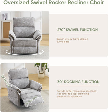 Oversized Glider Rocker Recliner, 26" Extra Wide 360° Swivel Nursery Recliner with Adjustable Headrest, Chenille Rocking Nursery Chair with Overstuffed Armrest, Lumbar Support, Light Grey