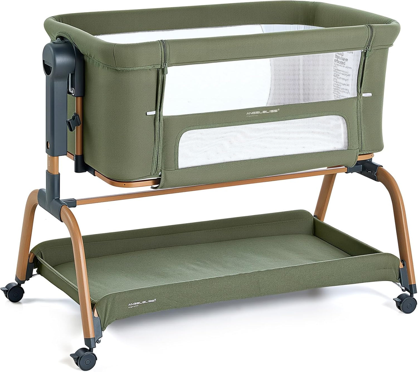 ANGELBLISS 3 in 1 Baby Bassinet, Rocking Bassinets Bedside Sleeper with Comfy Mattress and Wheels, 6 Height Adjustable Easy Folding Portable Bedside Crib for Newborn Infant (Khaki)