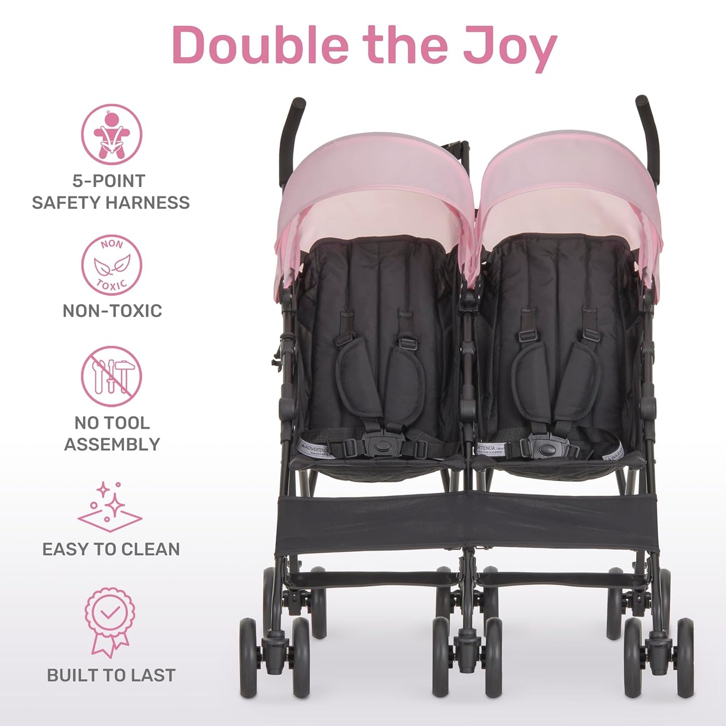 Dream On Me Twin Venture Umbrella Stroller in Pink, Multi Backrest Positions, Adjustable & Removable Canopy Double Stroller, 360°Swivel Wheels with Locks