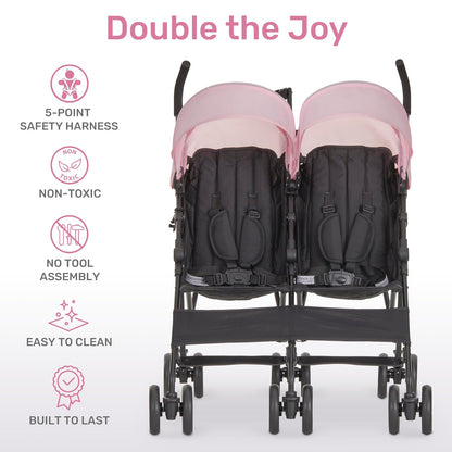 Dream On Me Twin Venture Umbrella Stroller in Pink, Multi Backrest Positions, Adjustable & Removable Canopy Double Stroller, 360°Swivel Wheels with Locks
