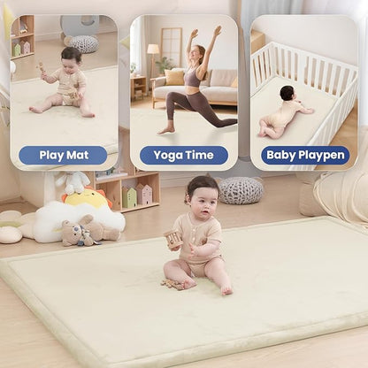 Extra Large 79"x118" Baby Activity Play Mat for Floor, 1.3" Thick Elasti Foam for Tummy Time & Crawling, Non-Slip Nursery Rug for Infants, Toddlers & Kids, Tatami Style Mat for Yoga, Living Room, Classroom & Playroom(Cream)