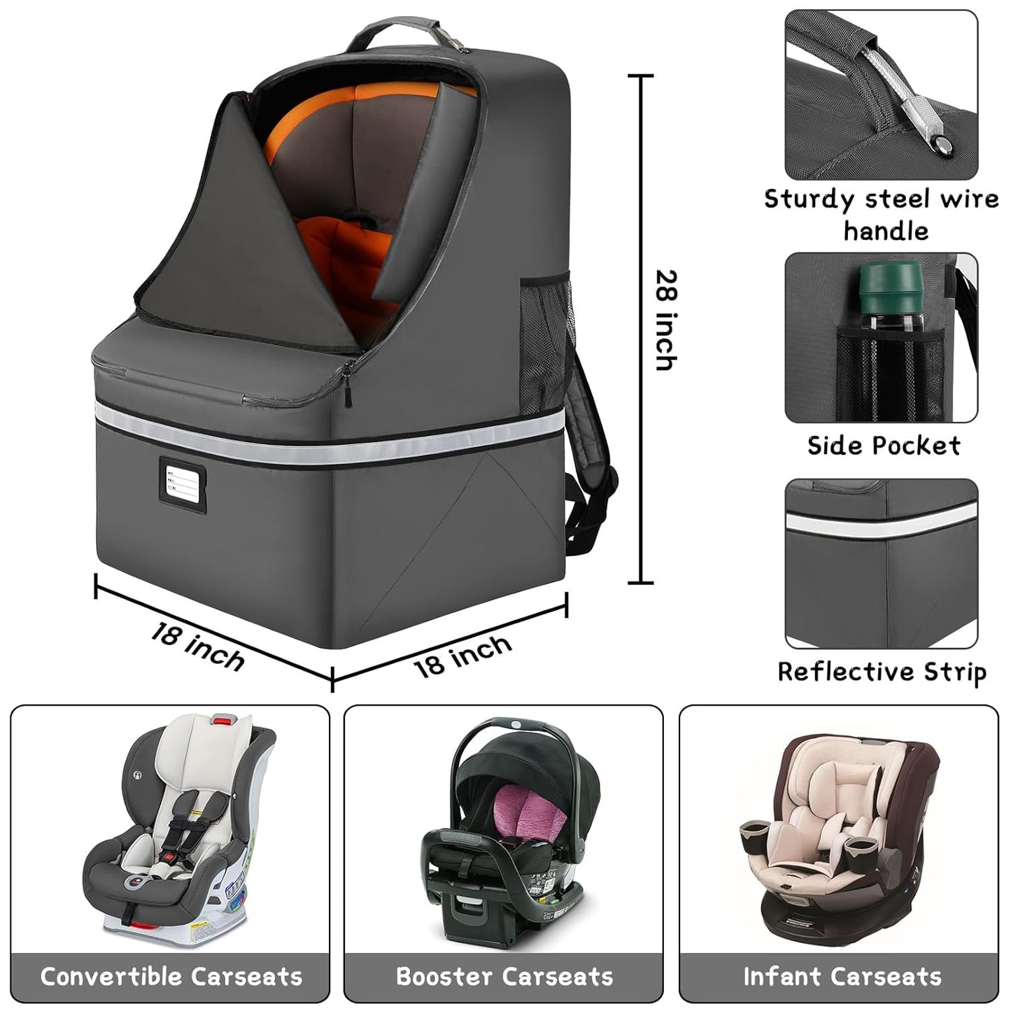 Car Seat Travel Bag,Padded Car Seats Backpack with Steel Cable Handle and Reflective Stripes, Large Durable Carseat Carrier Bag,Airport Gate Check Bag,Infant Seat Travel Bag with Shoulder Strap,Black