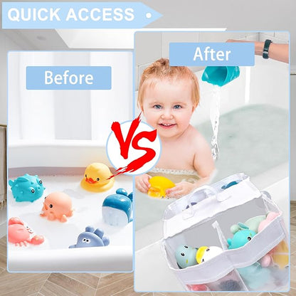 Cerpourt Baby Bath Toys Storage, Saddle Shape 4 Compartment Mesh Bath Toy Organizer, Quick Access Bathtub Toy Holder, Quick Dry Plastic & Polyester Material