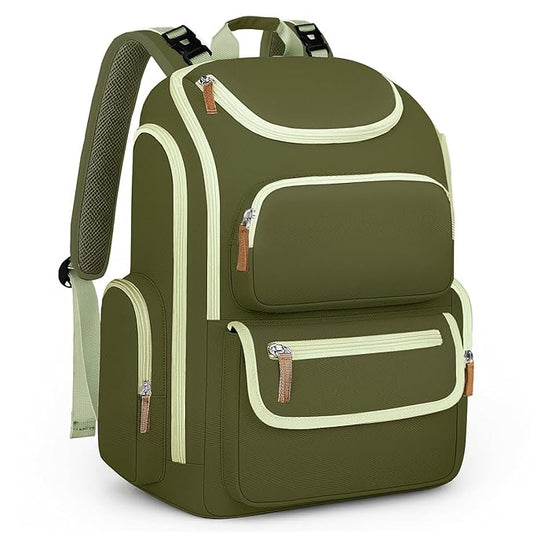 Mancro Diaper Bag Backpack for Woman, Waterproof and Lightweight Large Capacity Baby Diaper Bag, Multipurpose Travel Diaper Bag for Dads Moms,Green and Brown