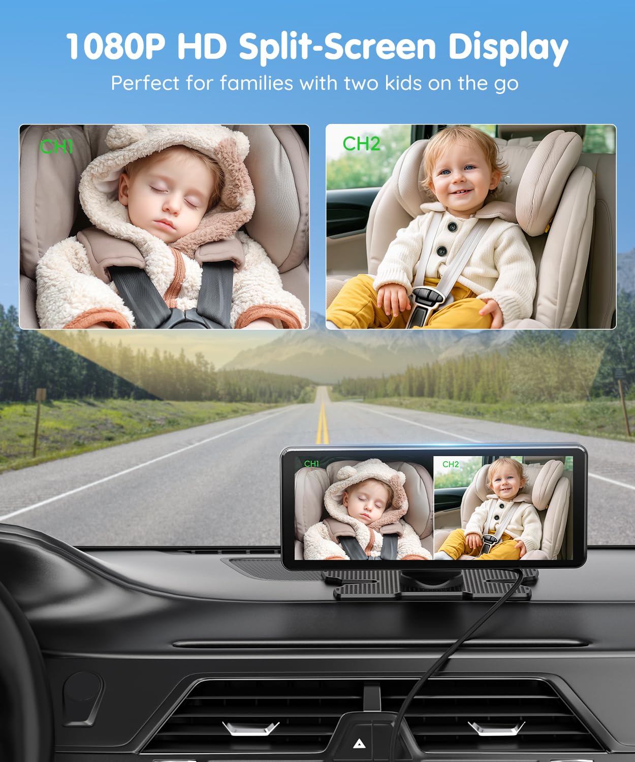 Babyvue BV3PRO Dual Baby Car Camera for 2 Boys, 7.2" 1080P HD Split Screen, Crystal Clear IR Night Vision, No Distortion Display Baby Car Monitor, Safe Driving for Back Seat & Pets