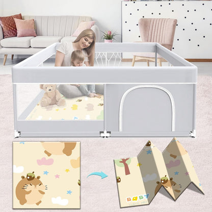 Fshibila Baby Playpen, 50x50 Inch Baby Playard for Babies and Toddlers, Play Pens for Indoor & Outdoor, Sturdy Safety Play Yard with Soft Breathable Mesh, Anti-Fall, Grey