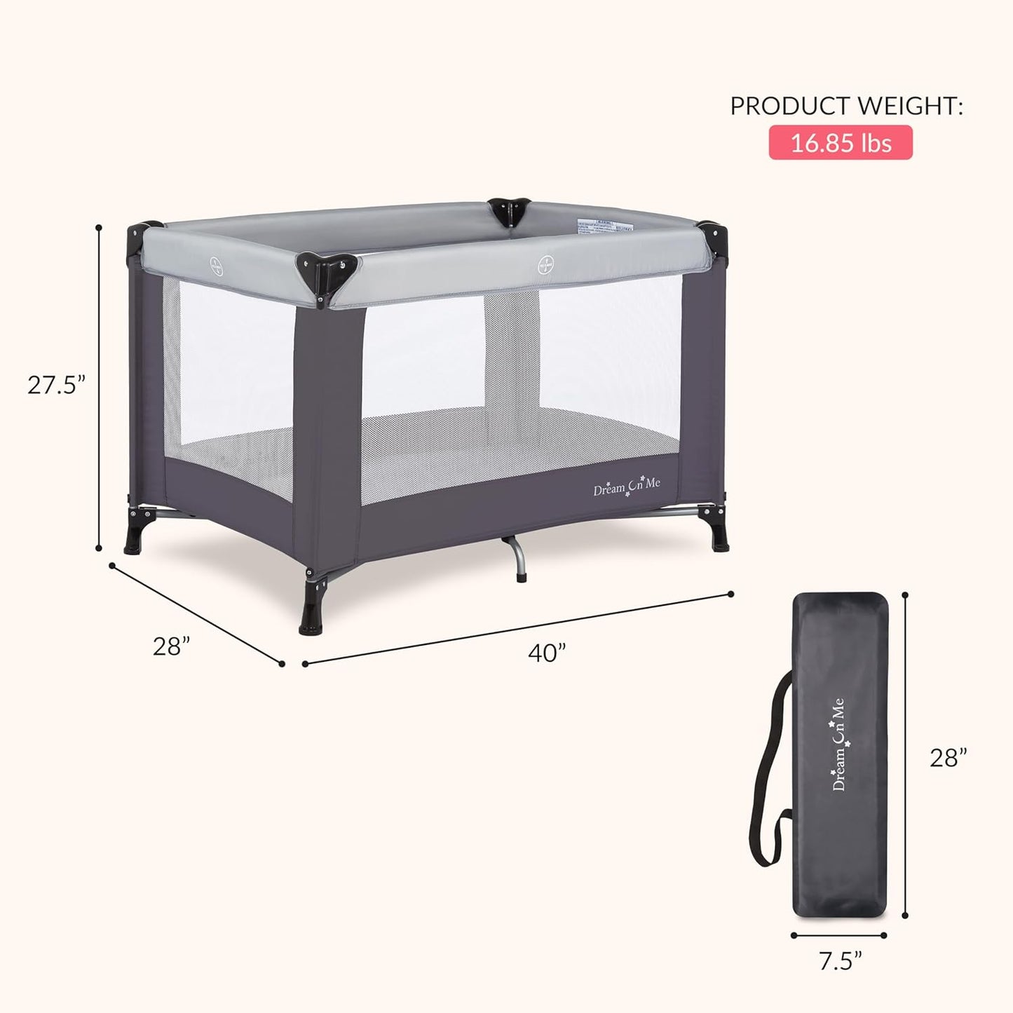 Dream On Me Nest Portable Playard in Black with Carrybag an Shoulder Strap, Lightweight, Packable and Easy Setup Baby Playard, Breathable Mesh Sides and Soft Fabric - Comes with a Removable Padded Mat