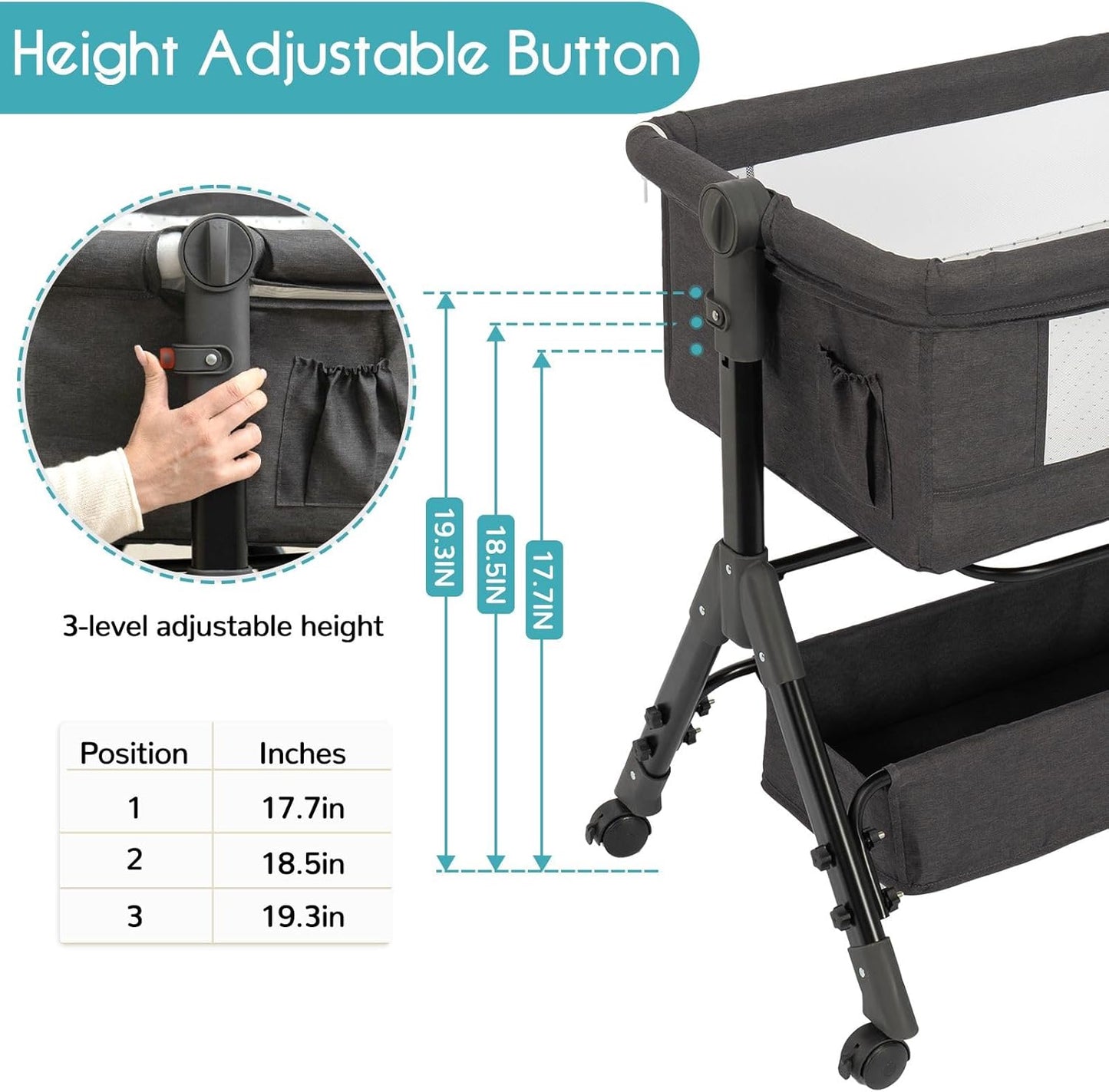BCOL 3 in 1 Baby Bassinet Bedside Sleeper, Bedside Crib for Baby, Adjustable Baby Bassinet with Wheels, Storage Basket, Mattress, Easy Assemble & Folding Portable Baby Cradle (Grey)