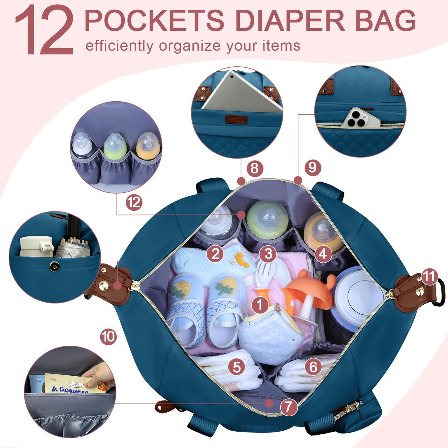 Pritent Diaper Bag Tote - Diaper Baby Bags with Pacifier Case, Shoulder Straps, Stroller Clips, Waterproof Large Mommy Maternity Travel Baby Bag for Mom and Dad, Green, Medium