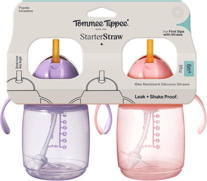 Tommee Tippee Starter Weighted Straw Baby & Toddler 10oz Sippy Cup for 6 Months+, with Silicone Weighted Straw and Easy-Hold Handles, BPA Free, Pink & Purple, Pack of 2