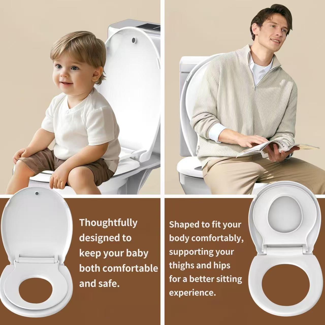 Potty Training Toilet Seat, 16.5" Round White Seat with Built-In Toddler Function, Design for Both Child and Adult,with Detachable Seat Stable .Safe PP Material,Slow Close,Magnets- Round,Easy Install