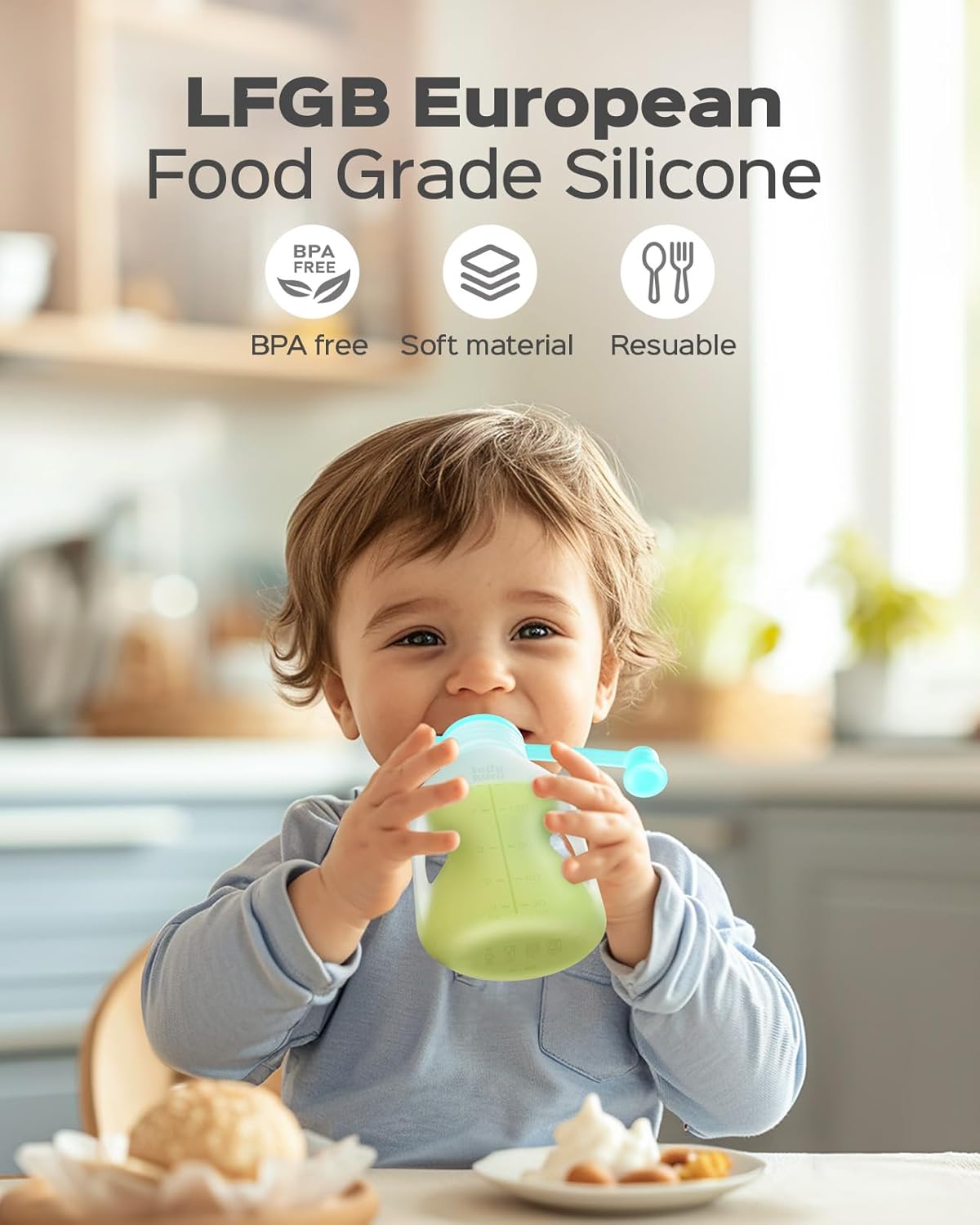 Silicone Reusable Baby Food Pouches with Straws, 4 Pack Leakproof Refillable Squeeze Pouches, Dishwasher, Freezer, Microwave Safe, 5OZ Baby Food Storage for Homemade Puree, Yogurt