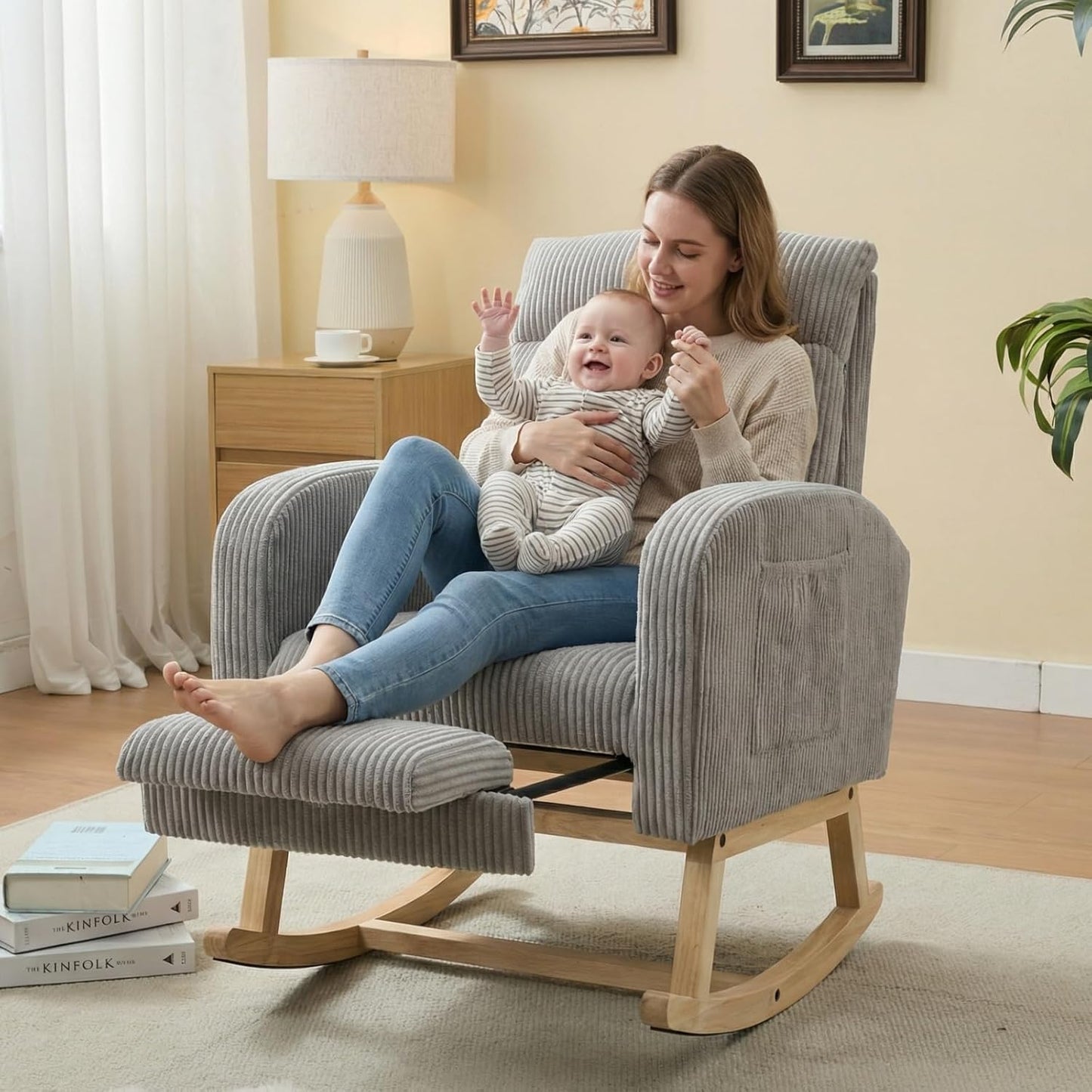 NIOIIKIT Nursery Rocking Chair, Corduroy Upholstered Rocking Chair with Adjustable Footrest, Tufted Rocker Chair with Side Pocket, Glider Rocker for Living Room, Bedroom (Cream Retro)