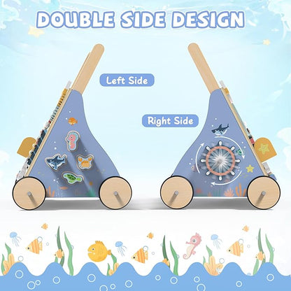 Ocean-Themed Wooden Baby Walker with Activity Center, Montessori Push Walker Toy for Babies 18 Months, Safe First Steps Baby Walking Aid for Boys & Girls