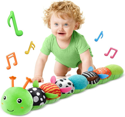 HEMRLY Baby Sensory Toy 0-6 Months, Musical Stuffed Caterpillar Plush with Teether, Crinkle, Rattle, Baby Mirror for Tummy Time, Infant Car Seat Toy for 0-3-6-12 Month Boys Girls Gifts - Knotted Green